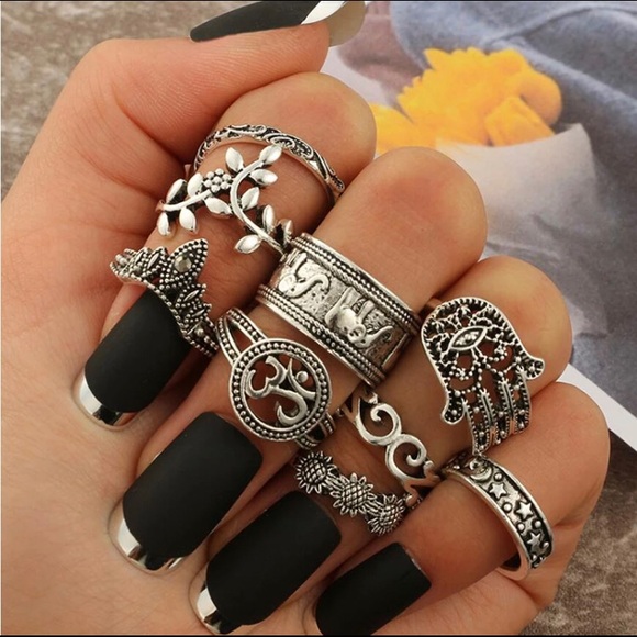 9 Piece Boho Midi 🤍 Spiritual Silver Ring Set - Picture 2 of 4